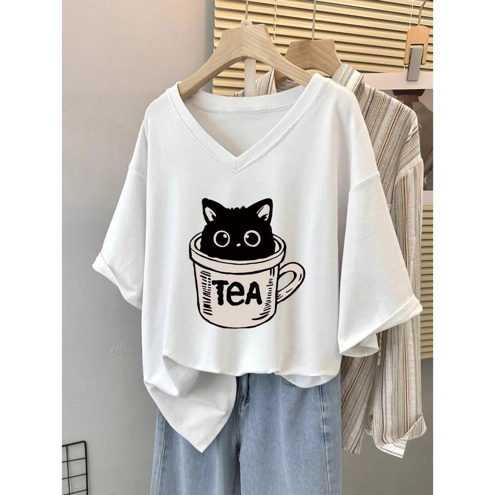 Plus Size 6XL 150KG Summer Cat Print Women's T-shirt Short Sleeve V Neck Lady Tops Big Large Size T Shirt Woman Clothing