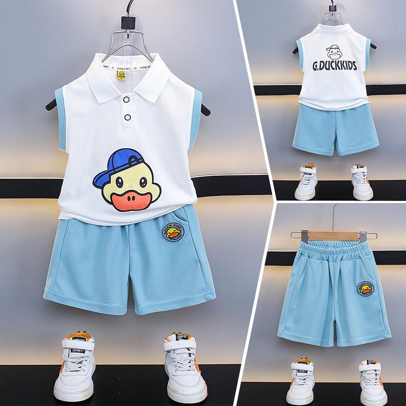 Cute Yellow Duck Boys Summer Outfit Cool Stylish Two Piece Basketball Set For Kids
