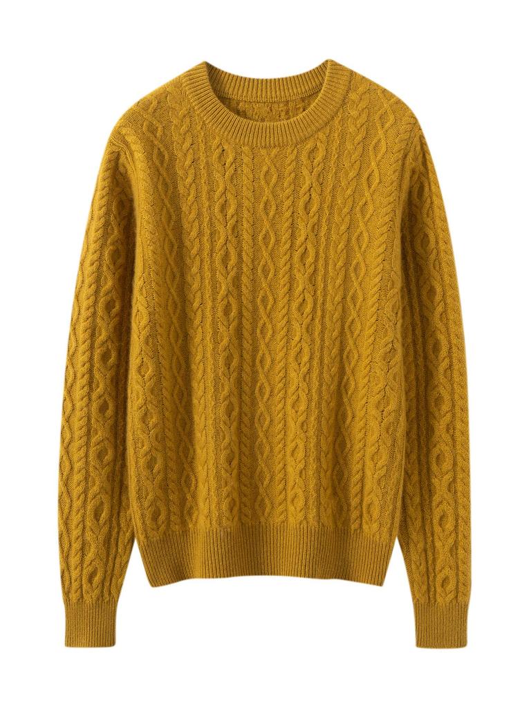 2026 Autumn/Winter Women's Cashmere Round Neck Cable Knit Sweater - Versatile, Loose, Slimming, Thick Knit.