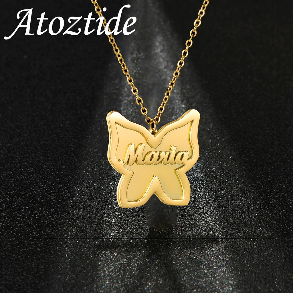 Atoztide Custom Name Necklace for Women Stainless Steel Jewelry 2 Sides Welding Butterfly Pendant Choker Chain Personalized Gift