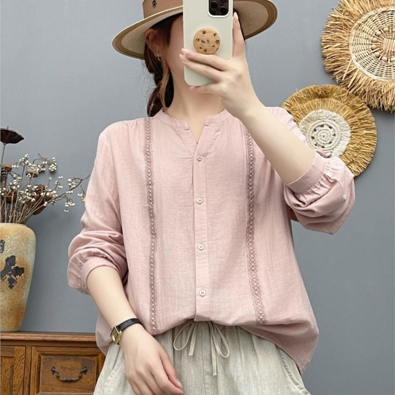 Women Cotton Yarn Soft Shirts Long Sleeve V Neck Blouses White Blue Patchwork Office Lady Tops Casual Female Clothes