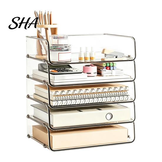 Desk Space Saving Box Clear Acrylic File Organizer Tray, 1/2/3/4/5 Tier Paper Ducument Compact Storage Box, Stackable Office Supplies Rack Desktop