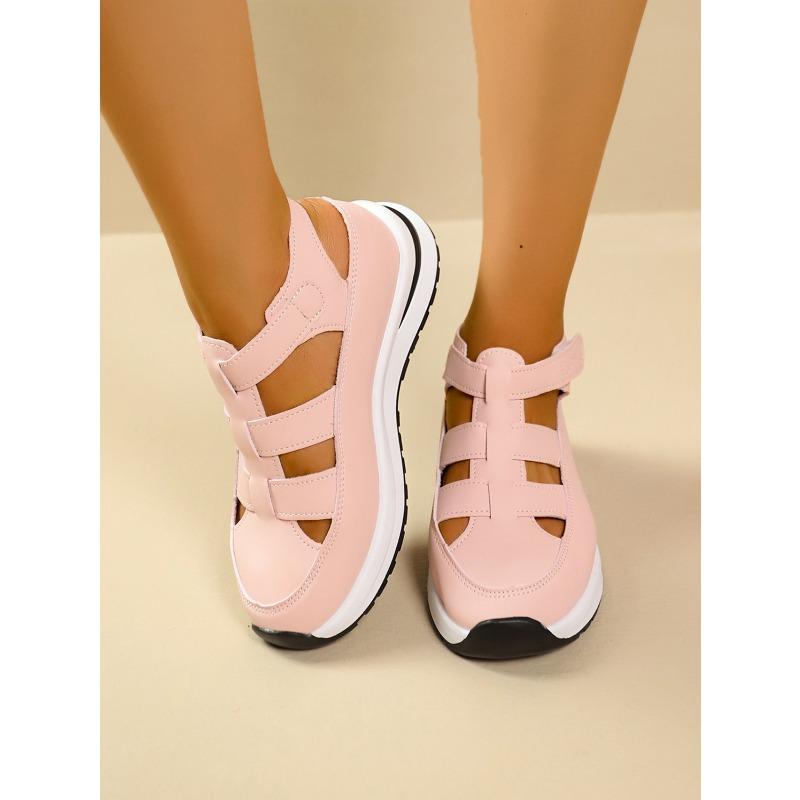 Women’s Breathable Cutout Wedge Sneakers, Thick Sole, Velcro Strap, Hidden Heel, Casual Summer Wear