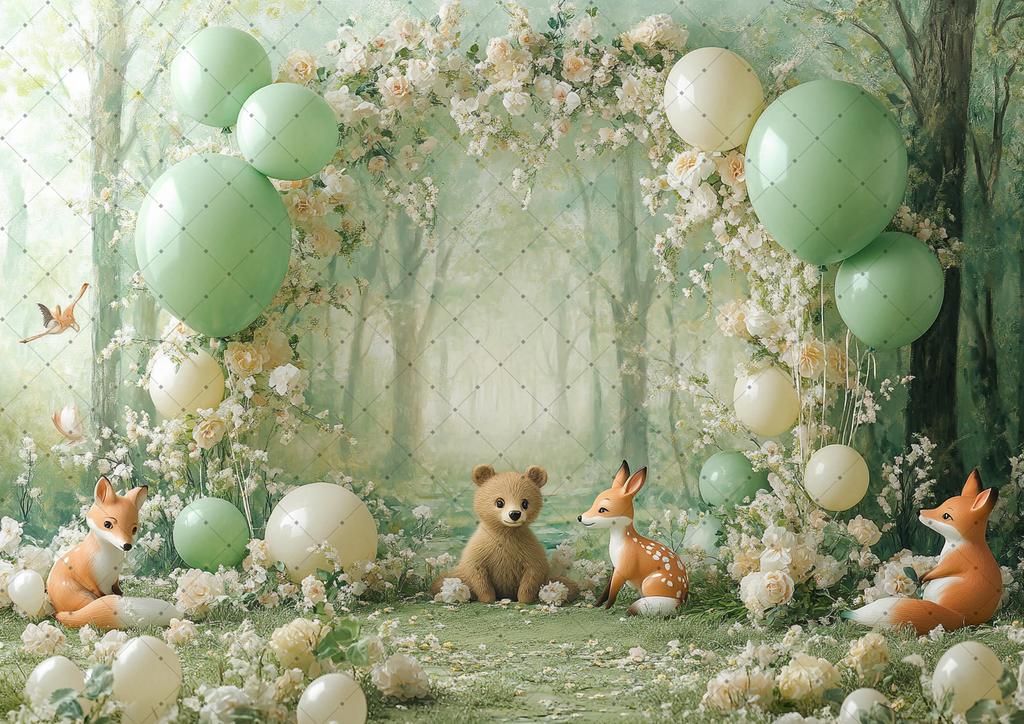 Photography Background Jungle Wildlife Fox Bear Balloon Decoration Kids Birthday Party Cake Smash Photo Background Banner