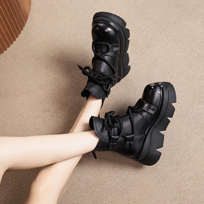 Women's Genuine Leather Platform Martin Boots - 2025 Autumn/Winter Retro Style, Perfect with Skirts for Outdoor Wear.