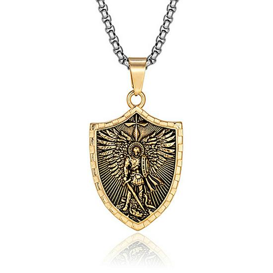 Saint Michael Archangel Stainless Steel Pendant Men's Necklace - Warrior Angel with Sword and Shield