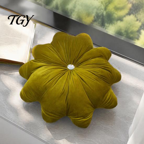 Decorative Throw Pillows for Girls Room Flower Pillow, 18 Inch Floral Cushion, Velvet Round Soft Sofa Pillow with Rhinestone Accent Couch Bed