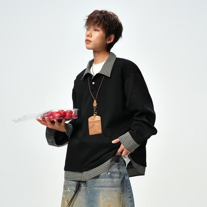 Men s Retro Plaid Patchwork Polo Collar Hoodie Jacket XXL