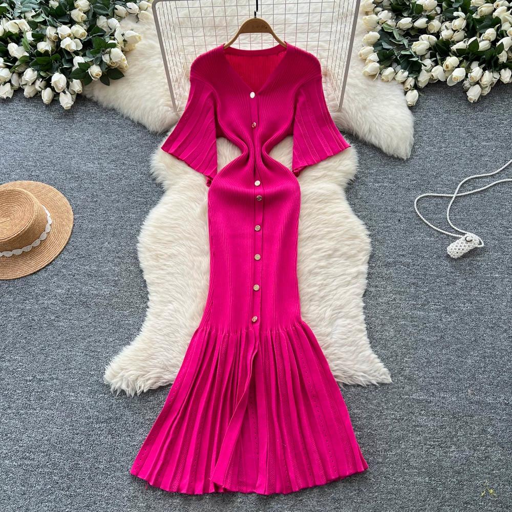 Sommer Damer Elegant V-hals Enkeltspent Strikket Futteral Genser Lang Maxi Fishtail Kjoler