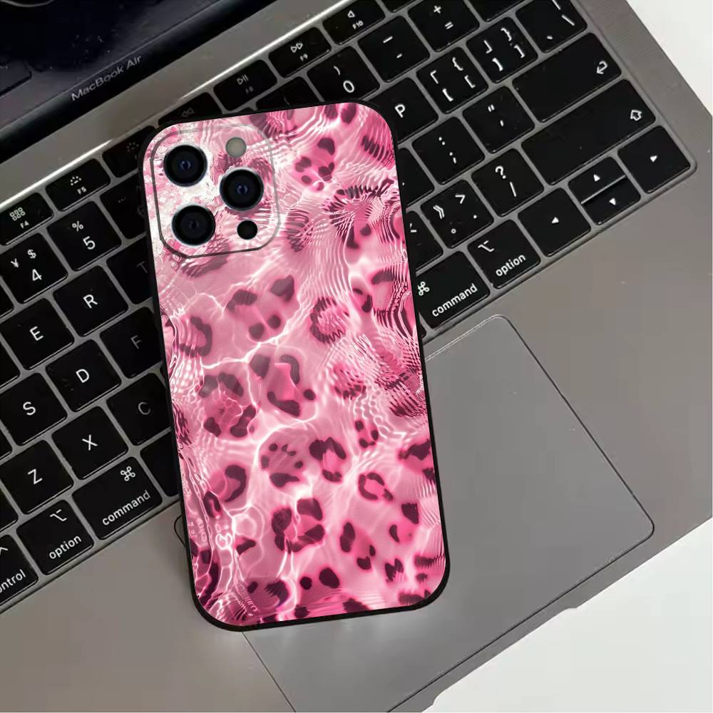 Fashion Pink Leopard Print Phone Case For iPhone 17,16,15,14,13,12,11 Plus,Pro Max,XS,Soft Silicone Black Cover