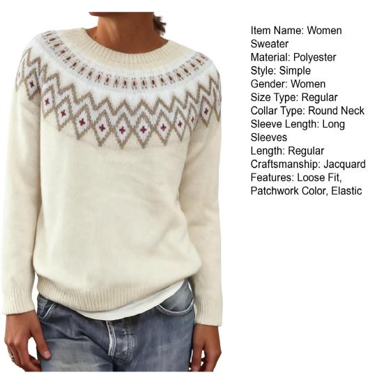 Women Sweater Round Neck Long Sleeve Patchwork Color Pullover Tops Loose Fit Autumn Winter Knit Tops