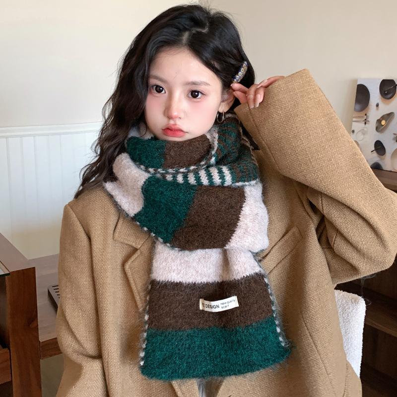 Color-Block Striped Knitted Wool Scarf Korean Style Women's Autumn Winter Versatile Thickened Warm Neck Warmer