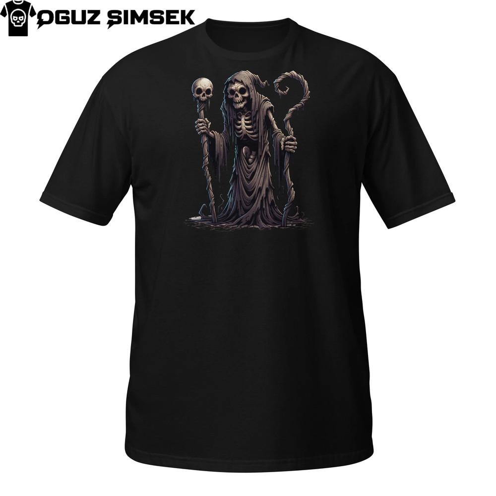 

Dark Reaper Skeleton T-Shirt | Gothic Sorcerer in Cloak | Horror Occult Tee M
