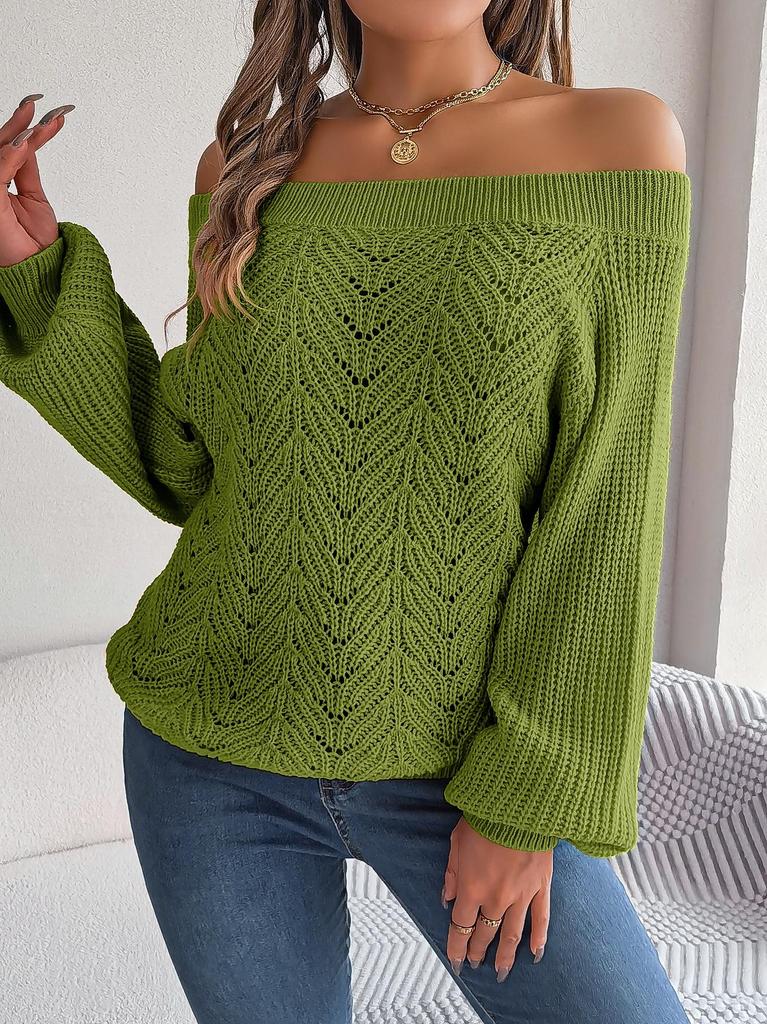 Real Shot 2025 Autumn/Winter Off-Shoulder Lantern Sleeve Sweater - Women's Solid Color Casual Wear