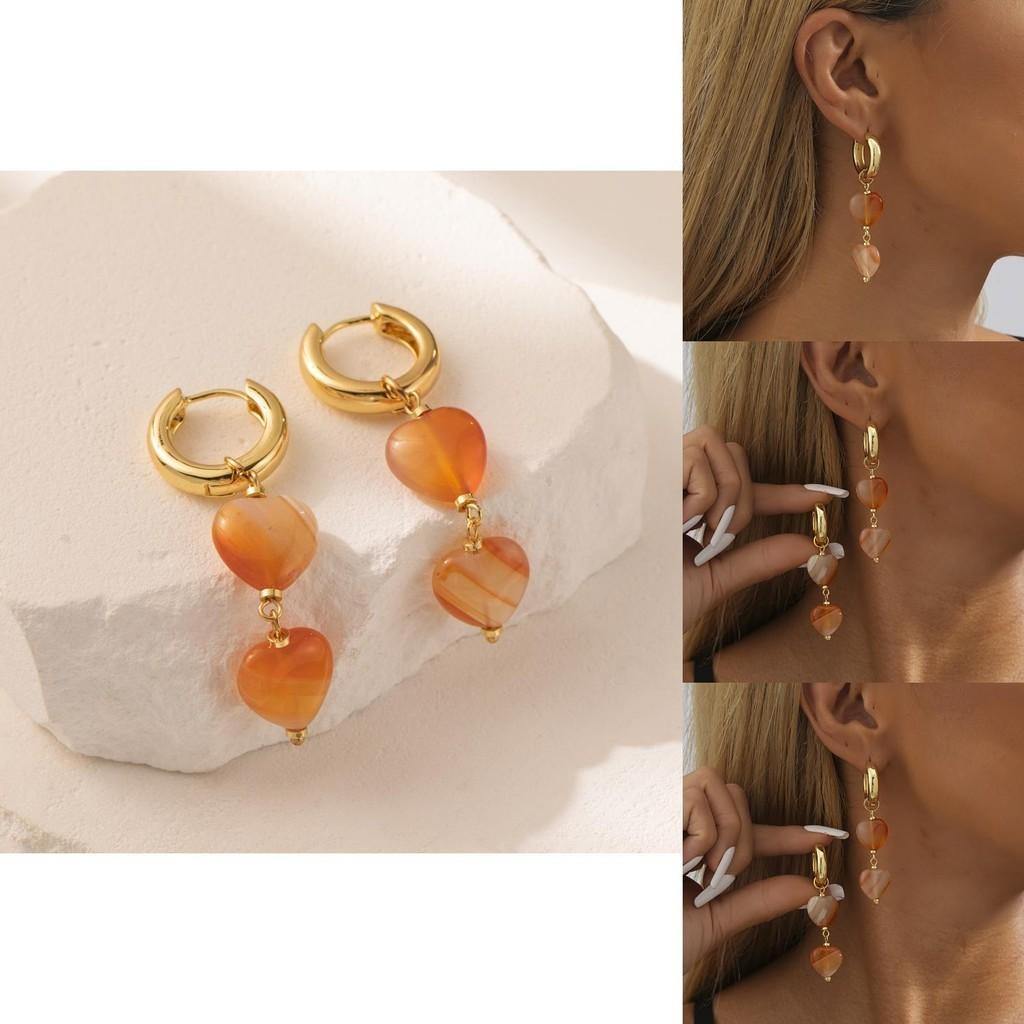 2023 New Heart Design Natural Stone Earrings For Women Orange Fall Fashion