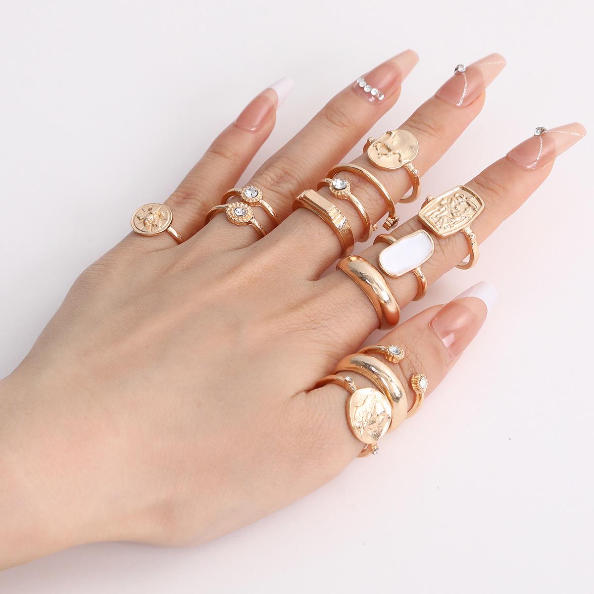 

13 pcs Rings Set Ladies Fashion Adjustable Ring Gold Rhinestone Cutout Rings