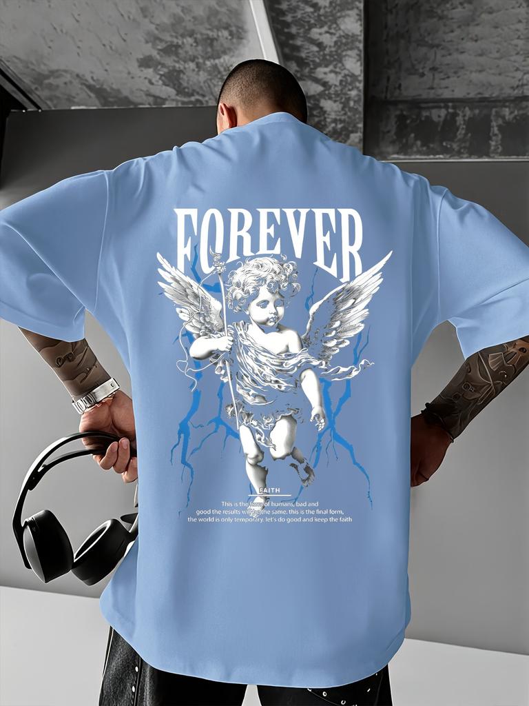Forever Angel with Blue Lightning Graphic Print 100 Cotton Unisexs T Shirt for Summer Streetwear Edgy Divine Vibe