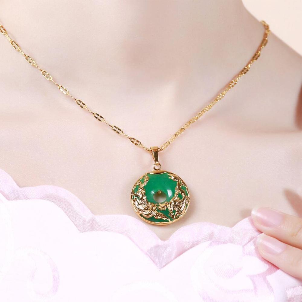 Elegant Gold Plated Green Chalcedony Pendant Necklace Women Laos Dragon Phoenix Jewelry