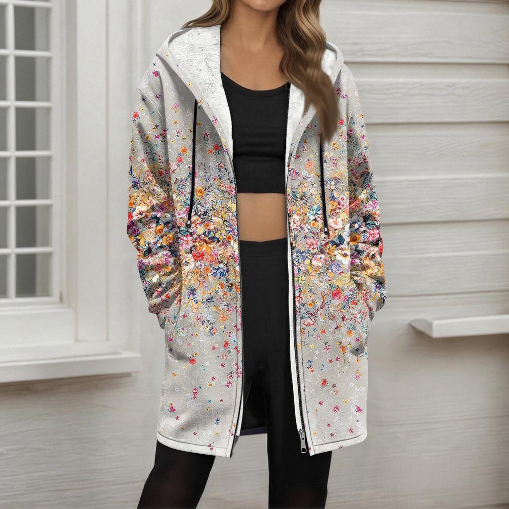 Women's Gradient Print Fashionable Loose Zipper Fleece Hoodie Jacket