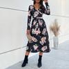Women Elegant High Waist V-neck Chiffon Dress Long Sleeve A-Line Mid-Length Print Autumn Winter Fashion