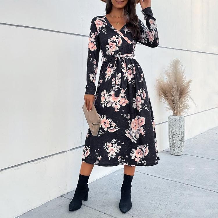 Women Elegant High Waist V-neck Chiffon Dress Long Sleeve A-Line Mid-Length Print Autumn Winter Fashion