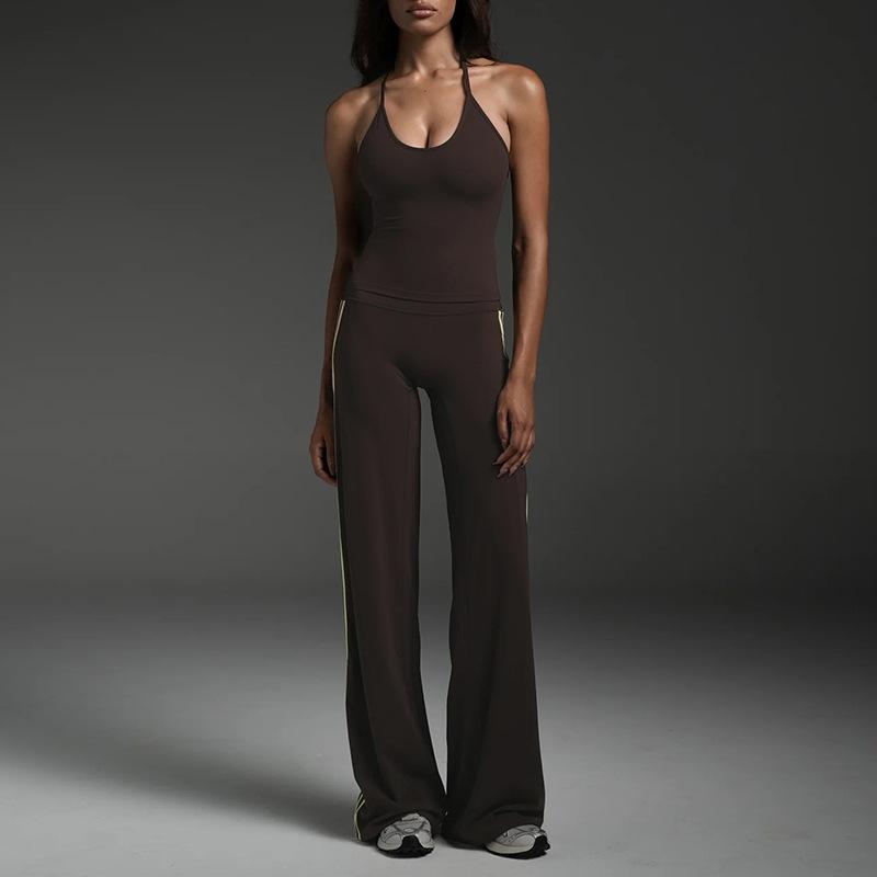 Sexy Neck and Chest Gathering Underwear Yoga Suit, Women's Outdoor Sports Fitness Striped Yoga Pants Suit