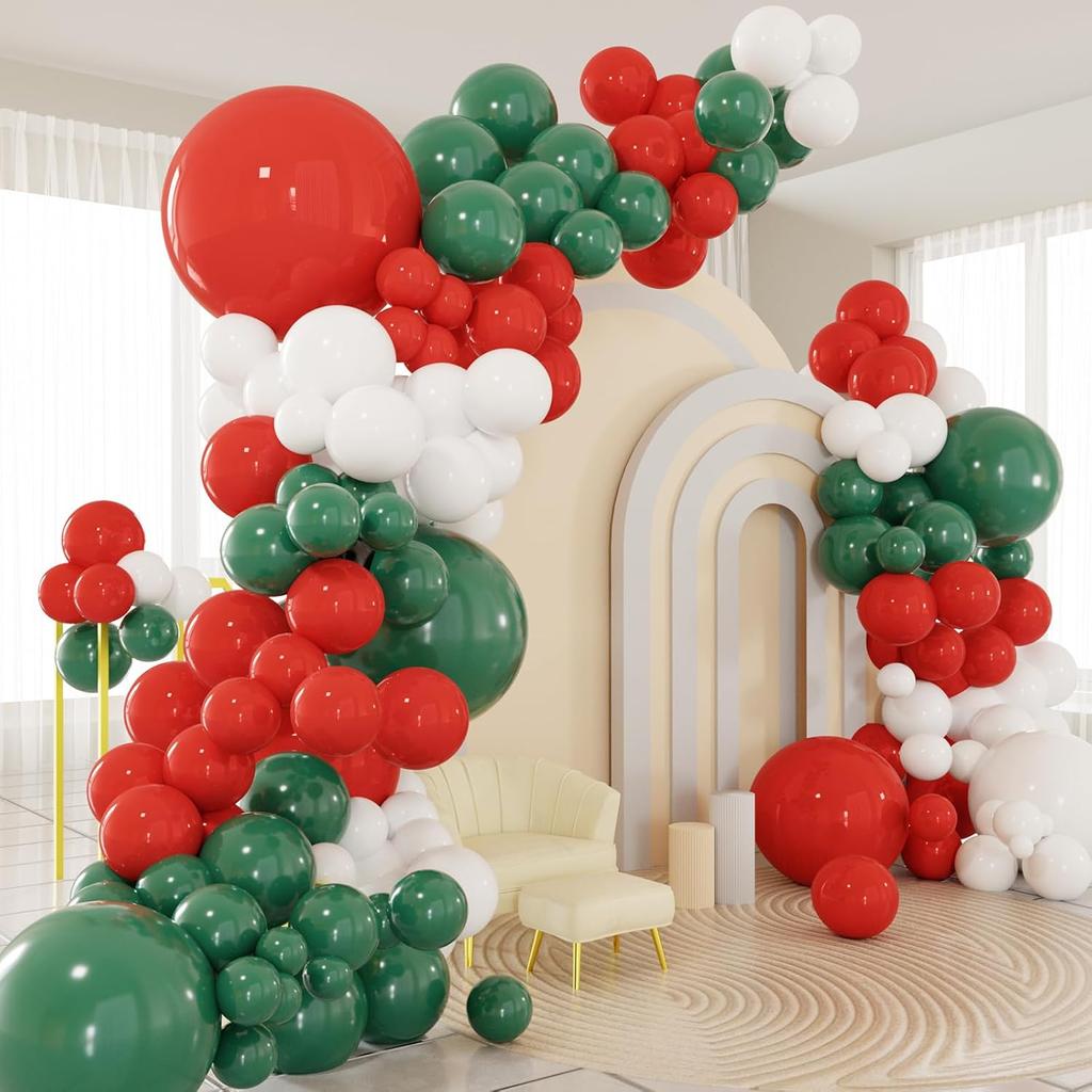 124 red, green, and white balloon arch sets suitable for birthday, Christmas, and New Year decorations