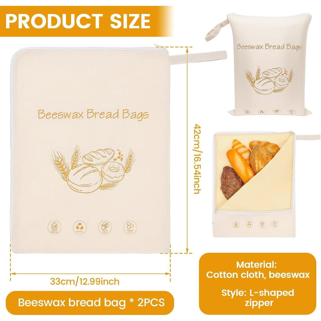 2 Peças Saco de Pão de Cera de Abelha com Zíper em L Grande Capacidade Reutilizável para Pão de Fermentação Natural Queijo para Padeiro Casa Agricultor 16,5x13 Polegadas