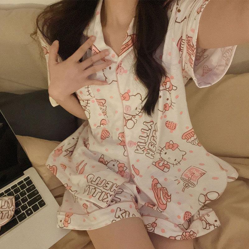

High-end striped pajamas women s short-sleeved girl s heart summer thin sweet and cute loungewear women s cardigan set xxl source factory