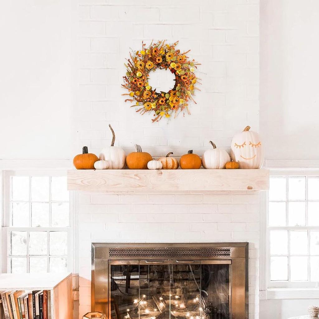 TEMPUS 22inch Thanksgiving Daisy Grain Wreath Autumn Harvest Wreath Eucalputs Leaves with Berries Wreath Fall Decor Front Door Indoor or Outdoor Wall