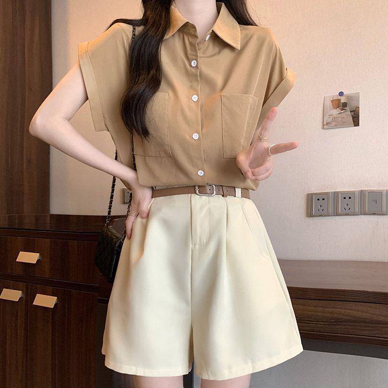 

Trendy Plus Size Chic Two-Piece Set: Age-Defying Shirt & Wide-Leg Shorts for Women M (80-100 kg)