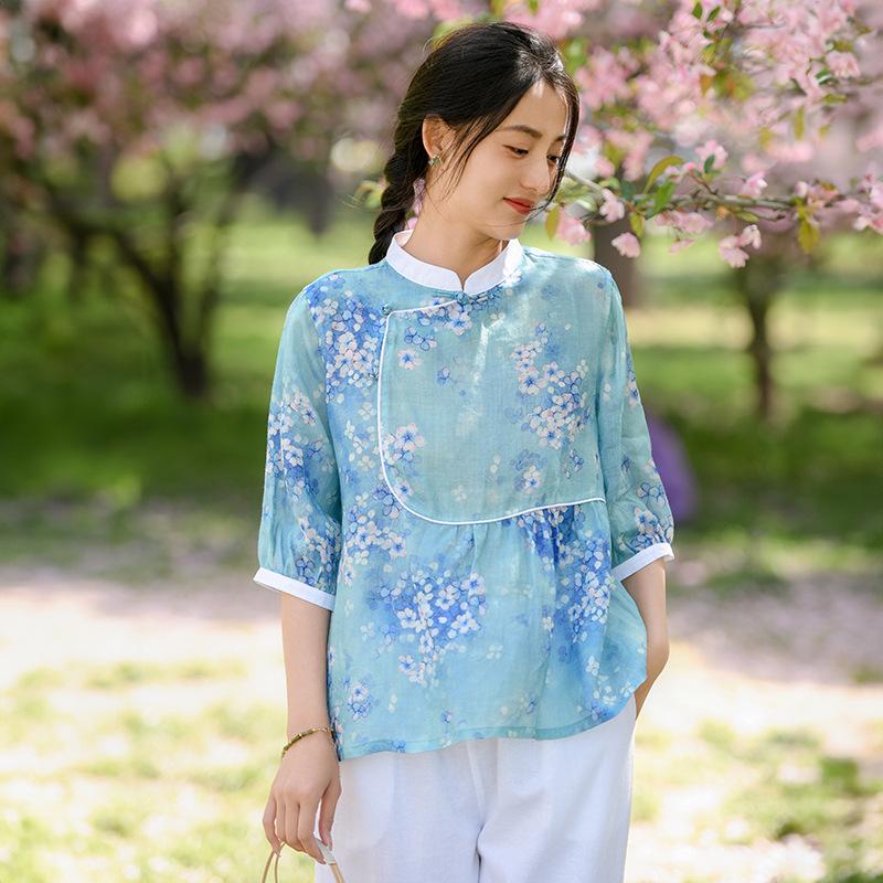 

Johnature женские футболки в китайском стиле с семью рукавами и цветочным принтом летние винтажные лоскутные футболки L синий
