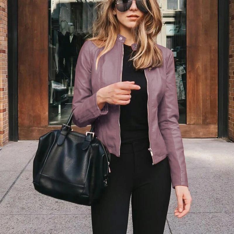 Frühling Herbst Übergroßen Stehkragen Fashion Zipper Jacke Damen Schlank Alle-spiel PU Leder Mantel Top Frauen Einfarbig strickjacke