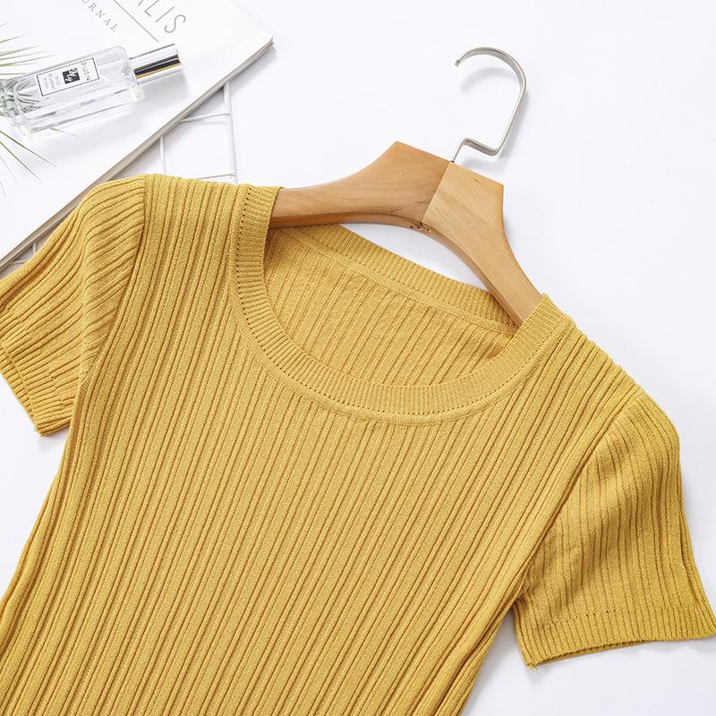 Camiseta de verano para mujer, Jersey de punto de manga corta, Camiseta de punto, Top ajustado con cuello redondo
