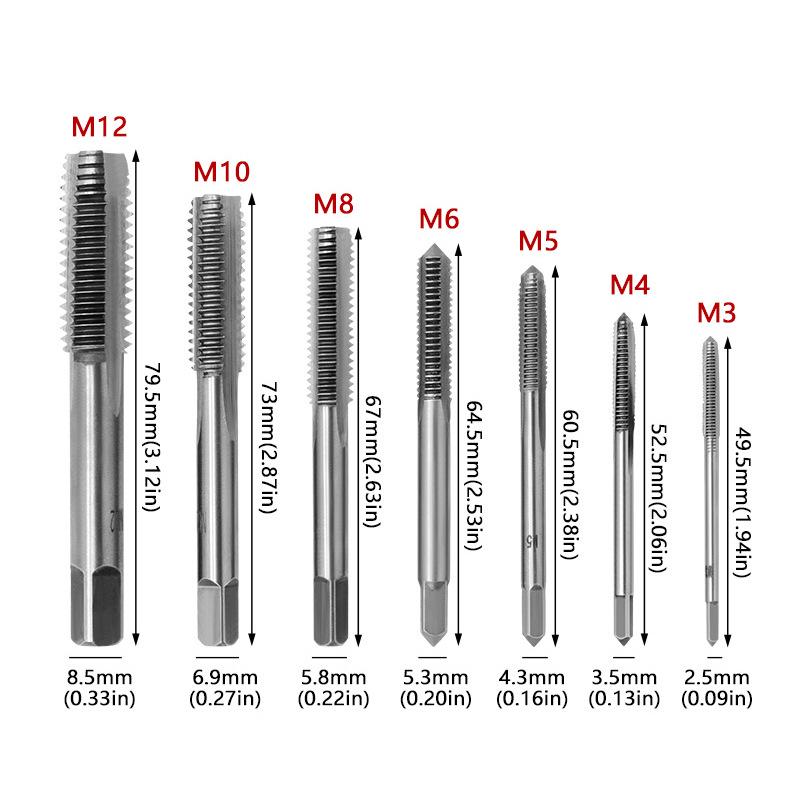 Seven-Piece Straight Flute Tap Set: M3-M4-M5-M6-M8-M10-M12