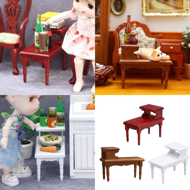 Vintage 1/12 Dollhouses Miniature Wood Coffee Table Two Tiers Side Desk for Living Room Decoration Model Scene Decors