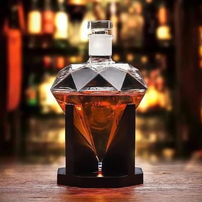 1000 ml Whisky-Dekanter aus Glas mit Diamant-Weinflasche und Holzhalter, luftdichter Stopfen, geeignet für alle Arten von Alkohol, Geschenk