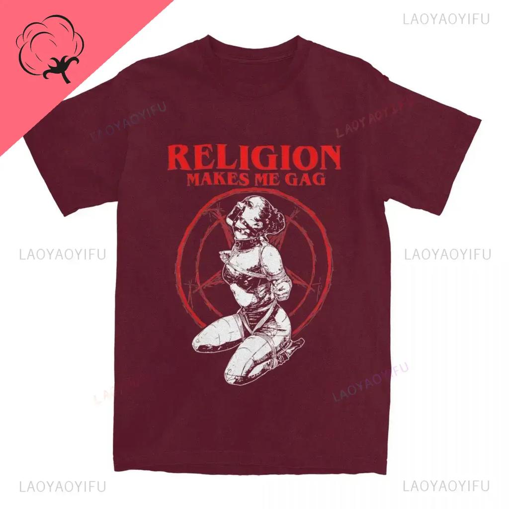 Religion Makes Me Gag Mens Short Sleeve Casual Printed TShirt Summer Satan Nun Vintage Cotton Leisure Harajuku Loose Tshirt