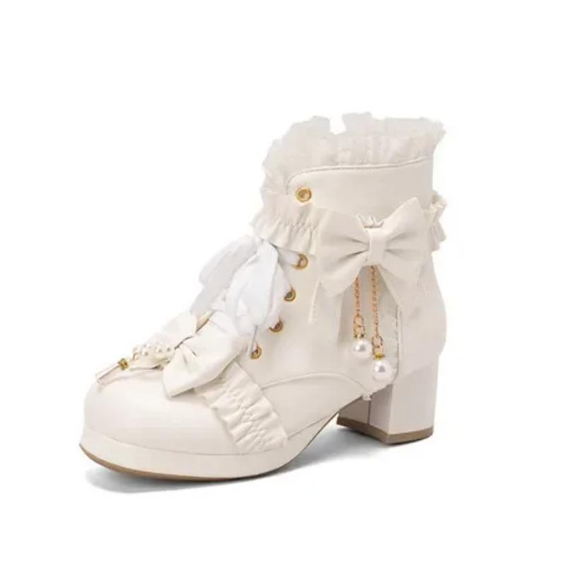 Lolita Great Quality Block High Heels Women Ankle Boots White Shoes Lace Decor Lace Up Chunky Heeled Bow Boots for Women