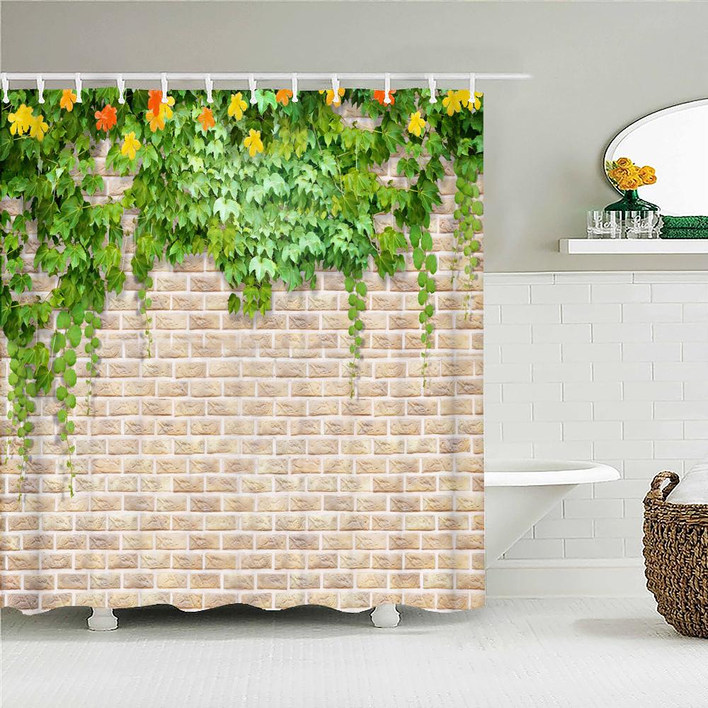 Retro Old Brick Wall Plant Printing Fabric Waterproof Shower Curtain Bathroom Curtains Bathtub Decor Bath Screen with 12 Hooks
