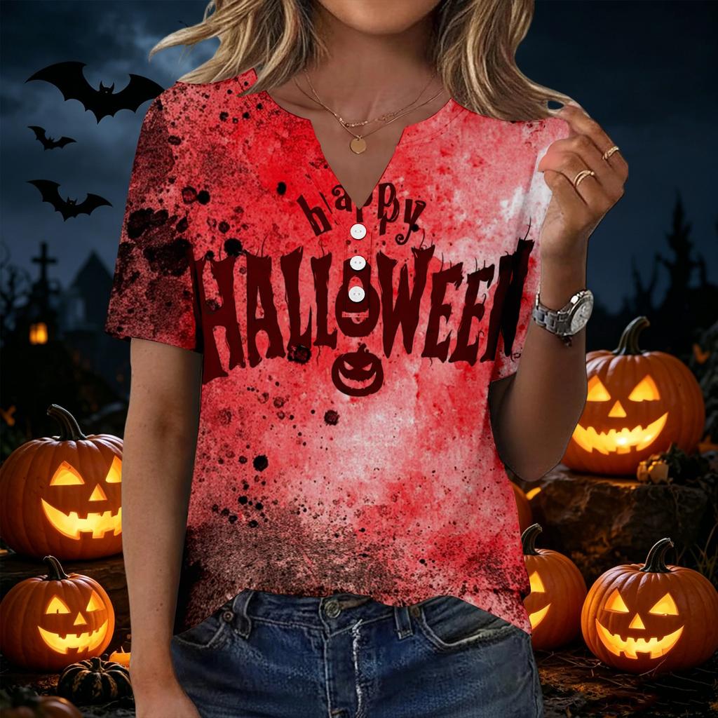 Women's Casual Halloween Print V Neck Button Front Three Quarter Sleeve T Shirt Top for Everyday Wear and Seasonal Occasions