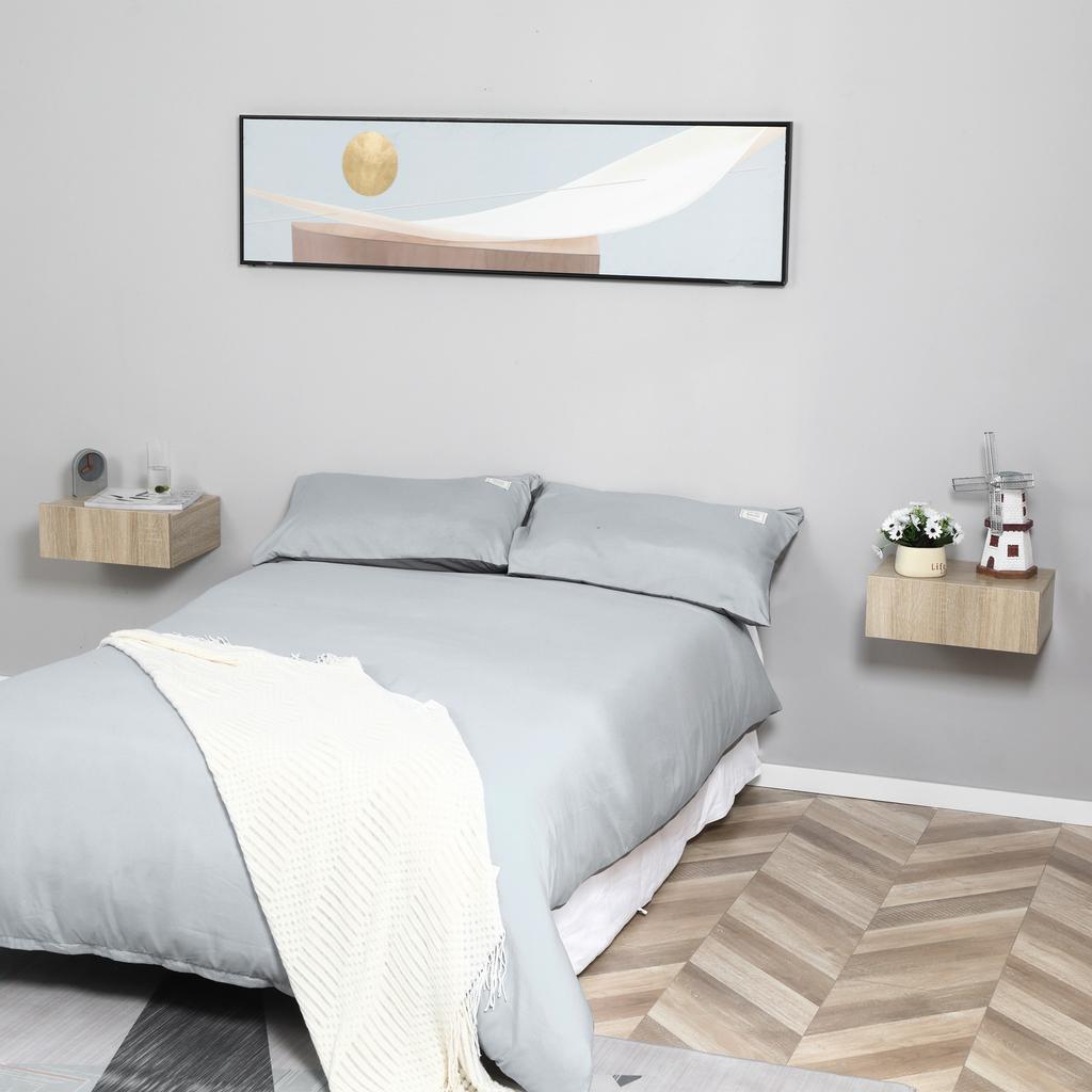 Set of 2 Wall-Mounted Floating Nightstands, 1 Drawer, 40x30x15 cm, Natural