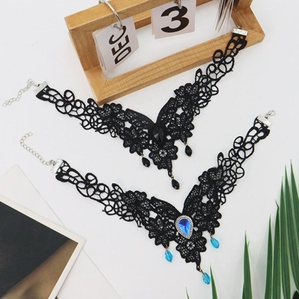 Rhinestone Lace Flower Necklace Tassel Halloween Clavicle Choker Cool Halloween Necklace Party
