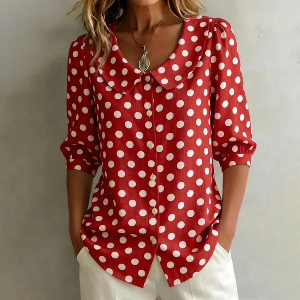 Womens Casual Loose Fit Polka Dot V Neck Blouse with Long Sleeves Button Down Design and Collar for Everyday Wear