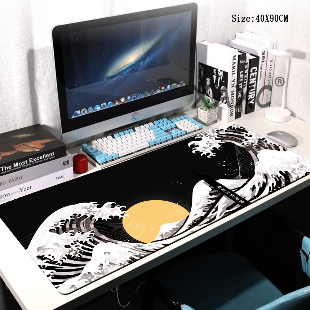 HYBXAXC Japan Kanagawa Deskmat Black Gaming Mouse Pad Gamer Keyboard Office Accessories for Deskpad Laptop Carpet Large Mousepad