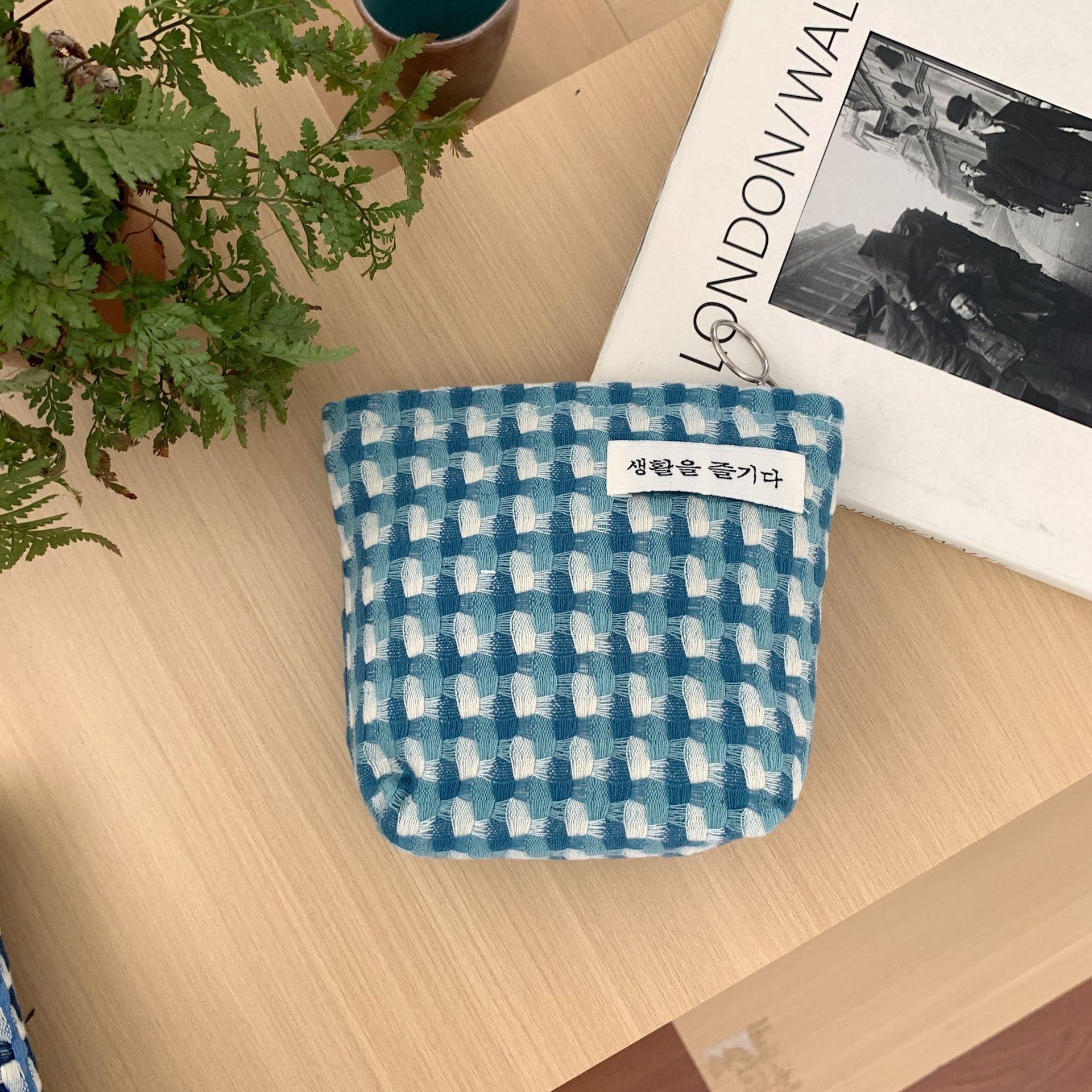 Women Lake Blue Plaid Portable Travel Storage Large Capacity Texture Cosmetic Bag OneSize