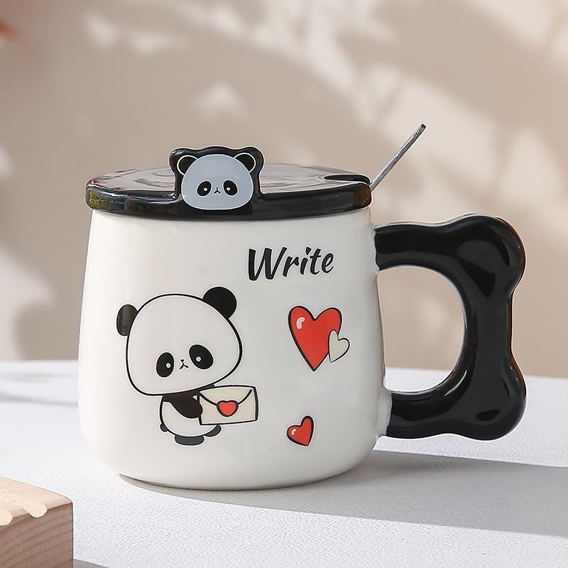 

Cute Panda Mug with Lid and Spoon High Looking Ceramic Cup Couple Water Cup Home Office Breakfast Coffee Cup 440ml