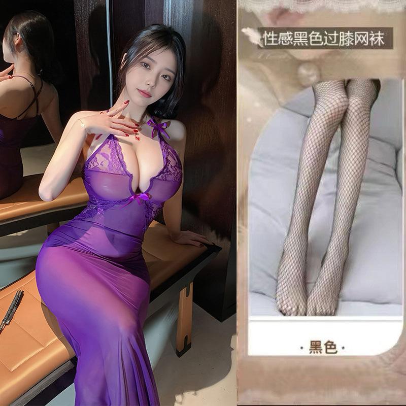 Sexy lingerie sexy perspective long dress female deep v suspender flirting seduction bed dating pure lust passion