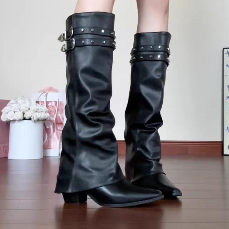 

Fashion Elegant Women Knee High Boots Pointed Toe High Heels Shoes Sexy 2025 Winter New Chunky Motorcycle Boots Party Pumps Woman Botas 40 чёрный