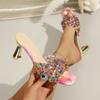 Damen S Quadratische Zehenpartie Farbblock Hoher Absatz Hausschuhe Mit Strasssteinen Sommer Stil